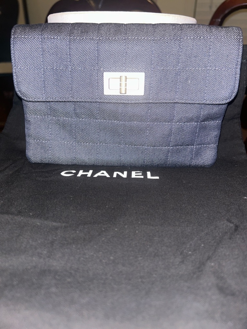 CHANEL Quilted Navy Crossbody Messenger with Silver-Tone Turn Lock
